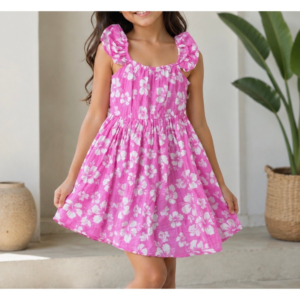 Disney Mickey and Friends Girls Pink Hibiscus Floral Cotton Gauze Dress Sz 6/7 S